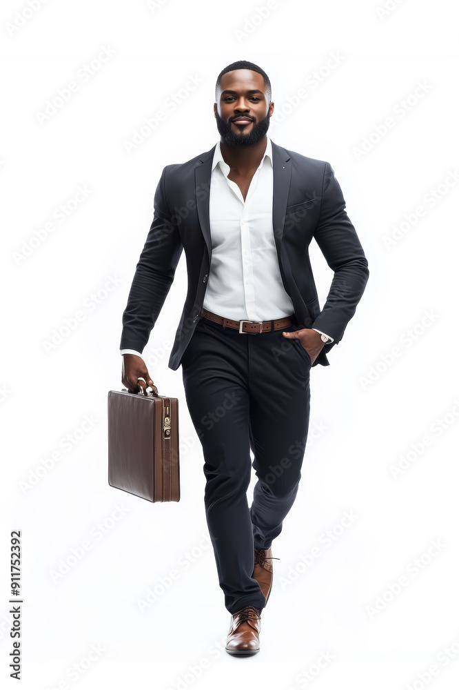 Poster a man in a suit and tie is walking down a white background with a briefcase in his hand. concept of 