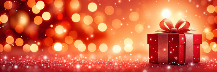 Vibrant red background filled with bokeh lights, creating a festive atmosphere, and there is a large gift box in the center of the image.