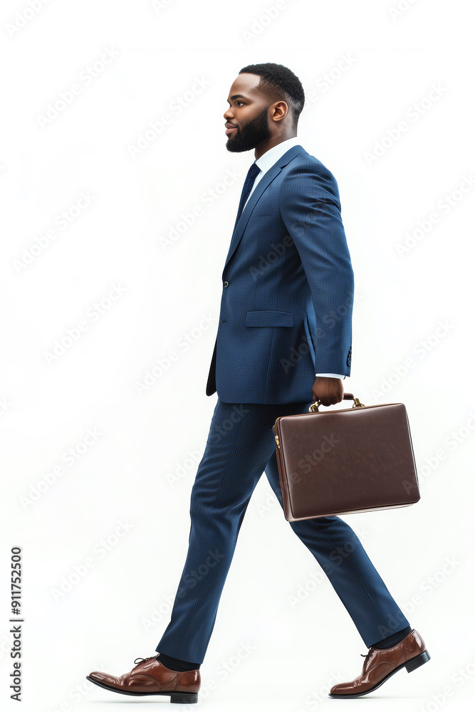Poster a man in a suit and tie is walking down a white background with a briefcase in his hand. concept of 