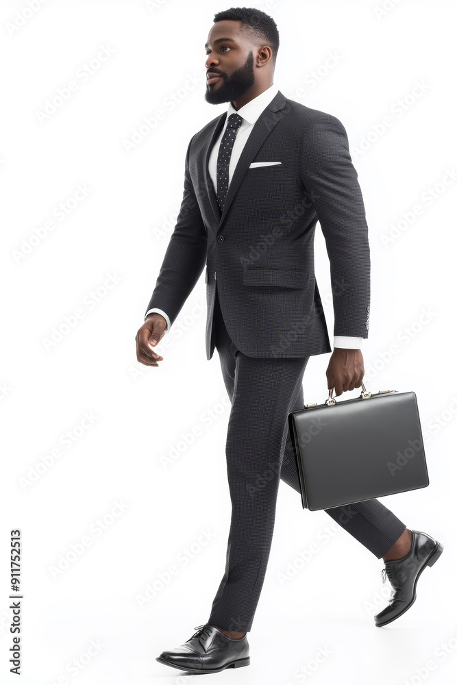 Poster a man in a suit and tie is walking down a white background with a briefcase in his hand. concept of 