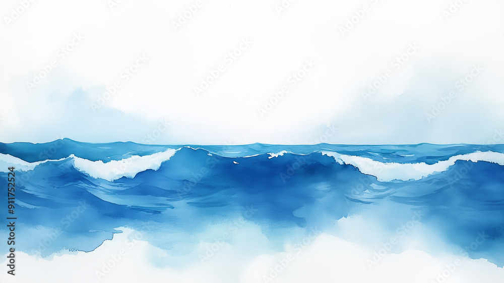 Aufkleber a painting of the ocean with a blue sky in the background. the waves are crashing against the shore,