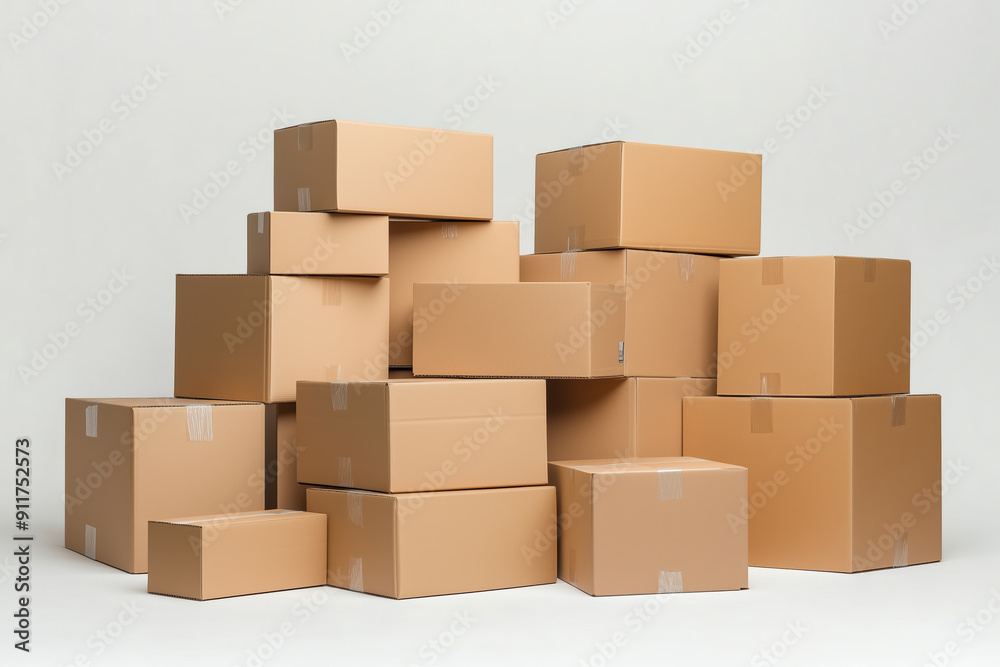 Poster A stack of cardboard boxes with a white background. The boxes are of different sizes and are piled on top of each other