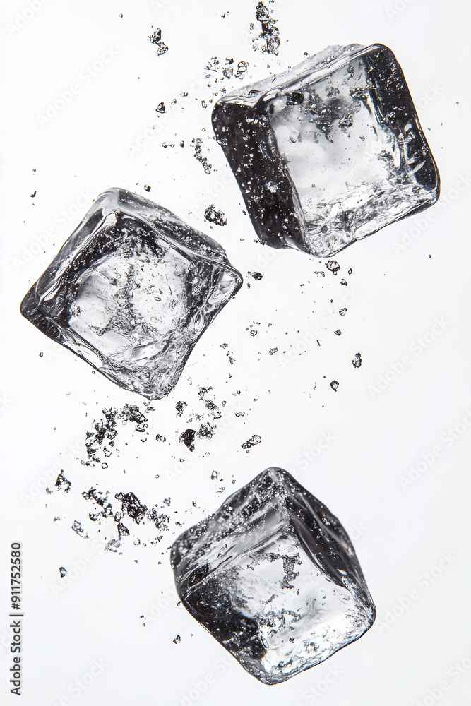 Poster ice cubes are falling from the sky, with a white background
