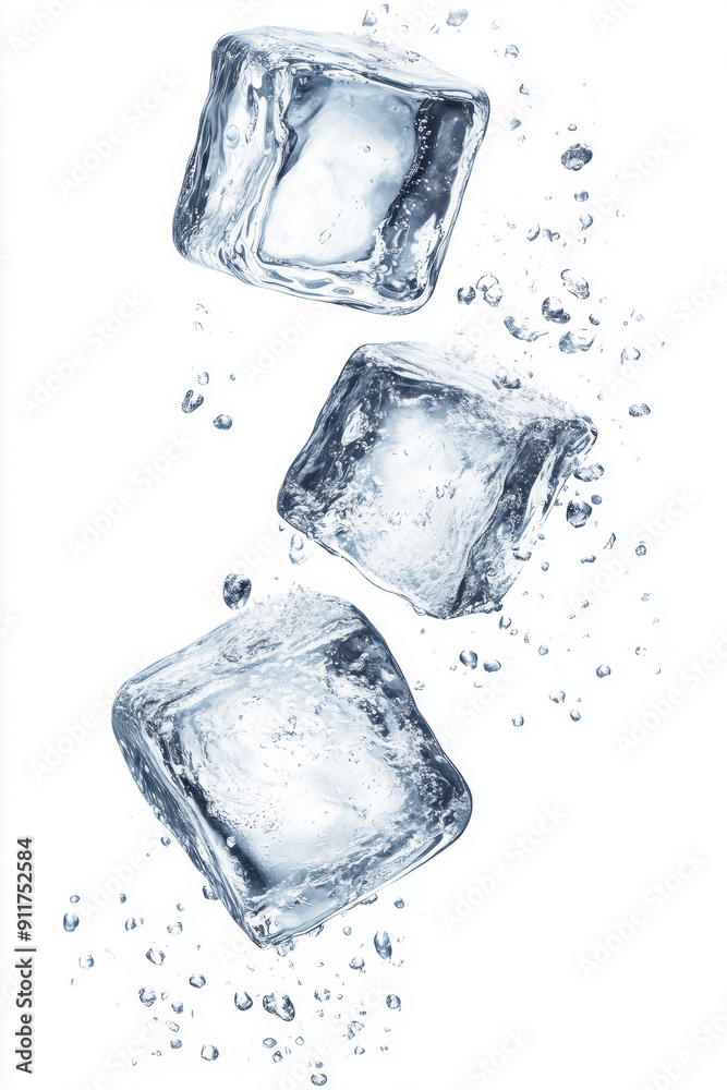 Poster ice cubes are falling from the sky, with a white background