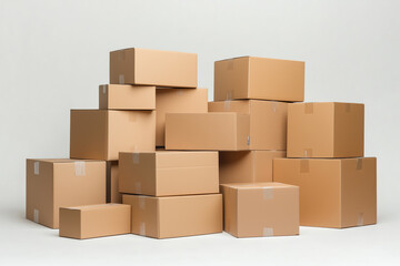 A stack of cardboard boxes with a white background. The boxes are of different sizes and are piled on top of each other