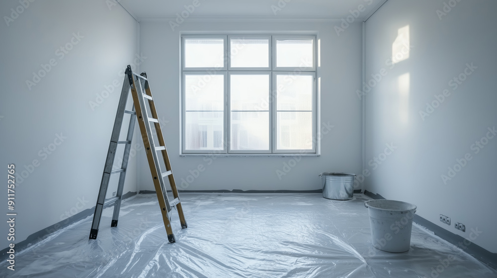 Aufkleber a white room with a ladder leaning against the wall and two buckets. the room is empty and has a cle