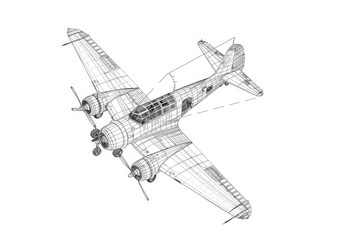 Airplane in wire-frame style on white background.