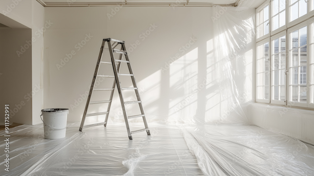 Aufkleber a white room with a ladder leaning against the wall and two buckets. the room is empty and has a cle
