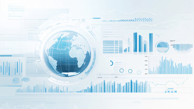 A digital infographic with a globe, graphs, and statistical data representing global financial trends, displayed on a light blue and white background