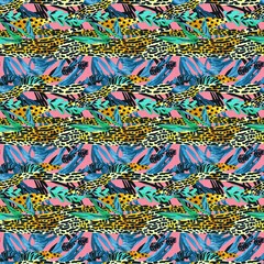 Fun girly camouflage pattern in vibrant stripes and spotted seamless design . Modern skin texture patched effect for festival and beach wear style in repeat .