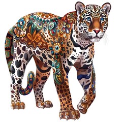 Fototapeta premium Jaguar Ethnic Fusion animal fashion cartoon isolated whitebackground 16:9