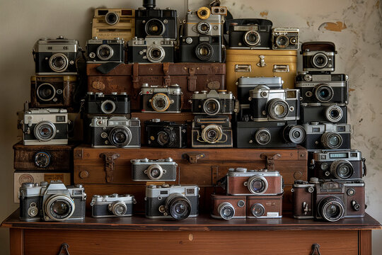 Eclectic collection of vintage cameras on display