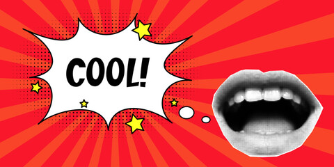 Halftone collage retro banner with open mouth and speech bubble, expressive inscription cool, cloud and explosion in a comic style on a red background. Paper cut elements, pop art style, lips.