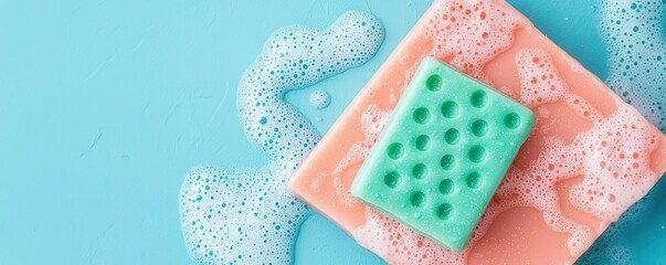 Closeup of colorful sponges with white foam on a blue background.