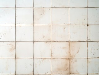 White tile wall with brown stains and grout lines.