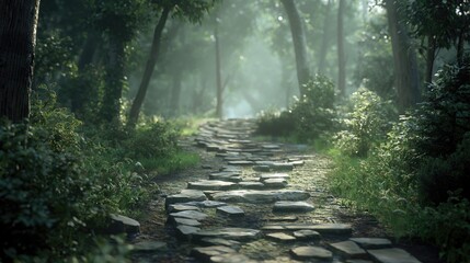 Obraz premium Stone path surrounded by tall trees in the forests.