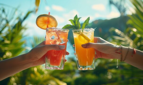 Closeup of two hands clinking cocktails against vibrant beautiful summer nature unrecognizable people drinking non alcoholic mojito and orange juice