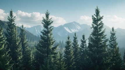 Tops of spruces against mountain.