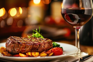 gourmet beef steak on elegant plate with glass of red wine soft warm lighting accentuating rich colors and textures fine dining atmosphere with focus on culinary artistry and indulgence