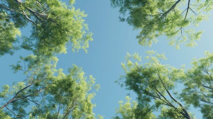 Tops of trees against blue sky.