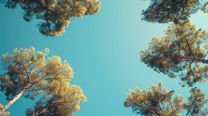 Tops of trees against blue sky.