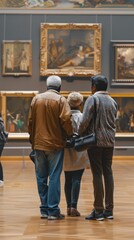 Three people explore art at a museum, admiring various pieces in the gallery's spacious interior