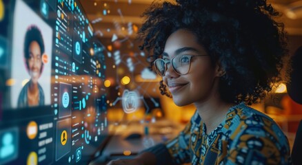 Young woman smiling while working on laptop in modern office setting with digital interface overlay