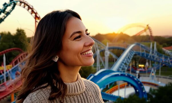 Medium shot portrait video of a pleased woman in her 30s that is wearing a cozy sweater against a lively amusement park with a roller coaster background