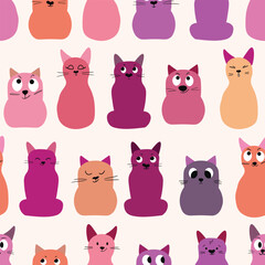 Seamless pattern with cute kitten print. Different scandy cats on color background. Scandinavian style illustration for kids. Vector illustration for fabric, textile, wallpaper, home clothing, pajama