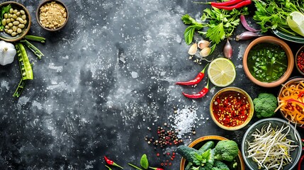 Spices and herbs on dark background. Food and cuisine ingredients.