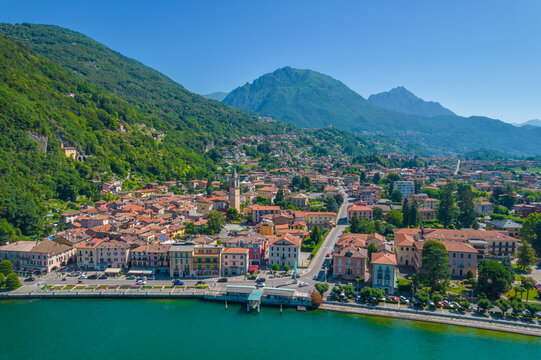 Porlezza town, Lugano Lake. Aerial panoramic photo of town in Lugano Lake between Switzerland and Lombardy, Italy