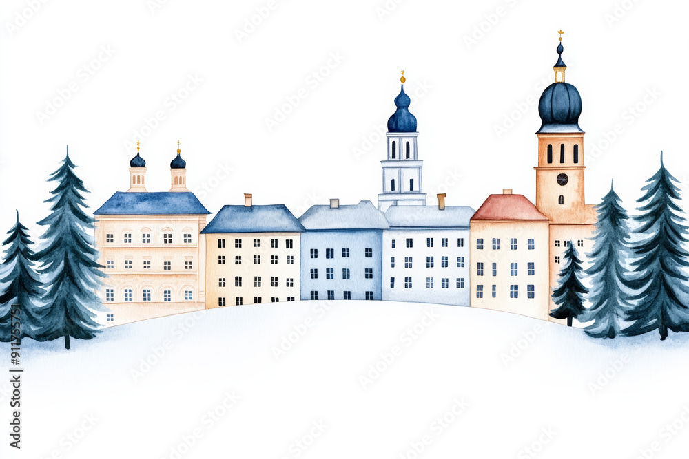 Sticker Watercolor illustration of a snowy European village with church towers and evergreen trees, perfect for Christmas and holiday themes