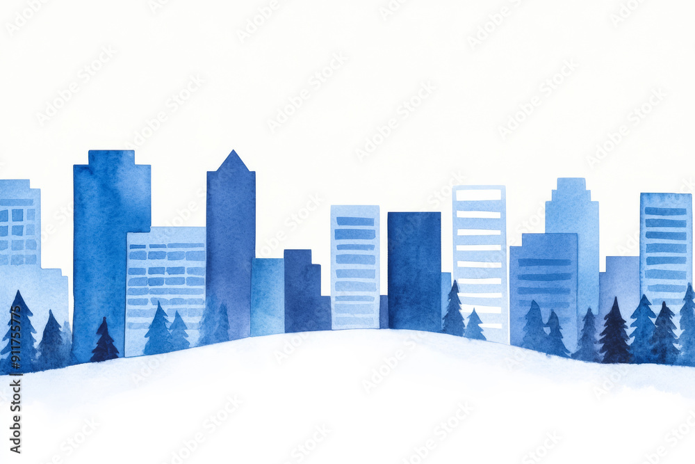 Sticker Watercolor painting of a blue-hued city skyline with snow and pine trees, evoking a festive Christmas winter wonderland