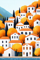 Mediterranean village with white houses and orange rooftops surrounded by autumn trees by the sea, evoking European travel charm