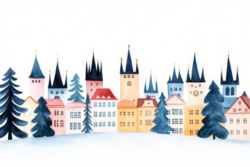 Obraz premium Watercolor illustration of a festive European winter village with colorful buildings and pine trees, perfect for Christmas-themed content