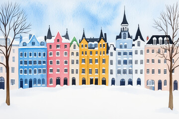 Fototapeta premium Watercolor illustration of colorful European buildings in a snowy winter landscape, perfect for Christmas holiday-themed designs