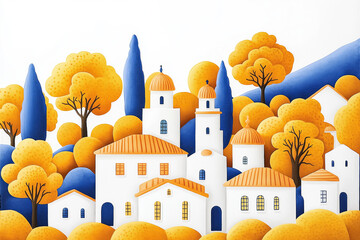 Illustration of a serene Mediterranean village in autumn, capturing the vibrant seasonal colors and peaceful holiday atmosphere