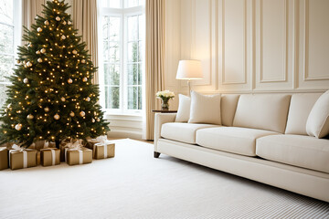 Elegant living room with decorated Christmas tree and gifts, capturing the warm, festive spirit of the holiday season
