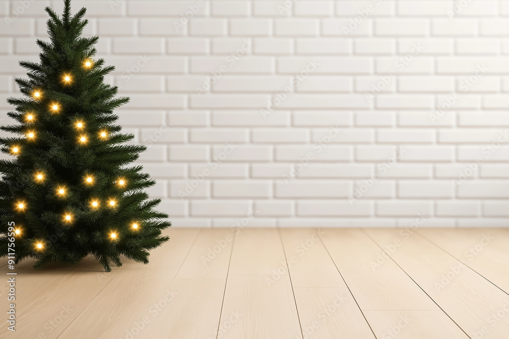 Wall mural Lit Christmas tree in modern, minimalist room with brick wall, perfect for holiday decoration and celebration concepts