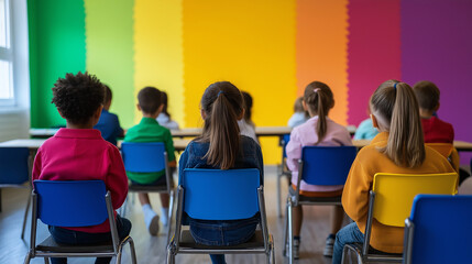 A bright and colorful classroom with schoolchildren eagerly taking their seats