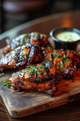 savory texas bbq chicken wings grilled with a spicy rub accompanied by fresh herbs and a selection of dipping sauces