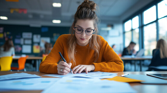 Portrait of a teacher preparing lesson plans in a contemporary classroom
