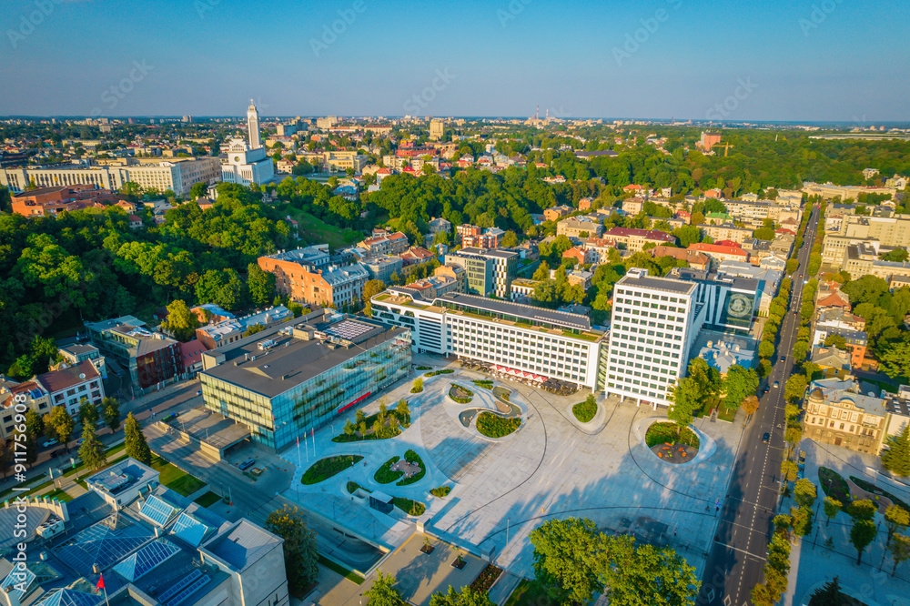 Canvas Prints Kaunas city center, Unity square, one of the newest and most modern squares in Europe. Aerial drone view