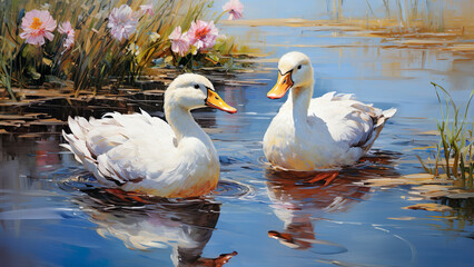Obraz premium Ducks - ducks, water, swimming, nature, pond, reflection, flowers, greenery, outdoors, wildlife, birds, wetland, peaceful, serene, white ducks