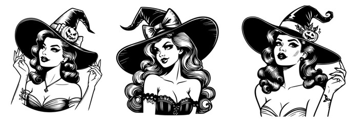 set of pin up girl illustrations in halloween witch hat