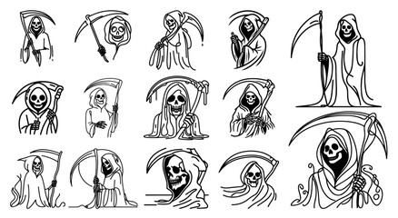grim reaper designs in detailed black and white line art vector graphics