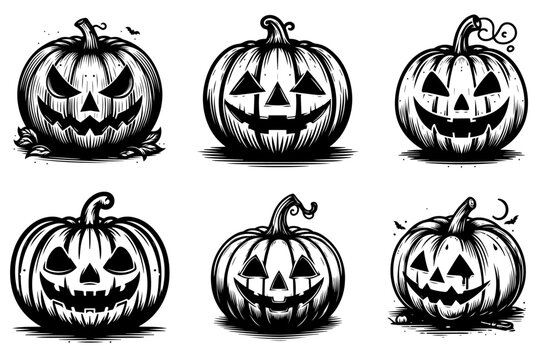 collection of halloween pumpkin illustrations in black and white line art vector graphics