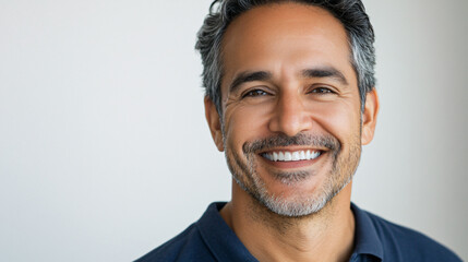 Closeup face headshot portrait of middle age mature adult man. Freelancer entrepreneur isolated on white background. Happy smiling handsome 40 years old latin hispanic businessman 