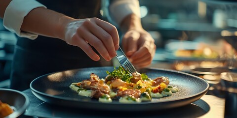 Modern food stylist decorating meal, Restaurant serving