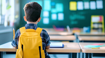 Schoolchild sitting at their desk, ready to start their first day of school
